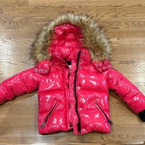 SAM. Shiny Pink Puffer Jacket with Faux Fur Hood